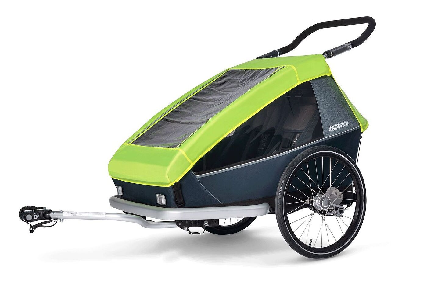 Freisteller eines Kinderanhängers von Croozer als Zweisitzer.